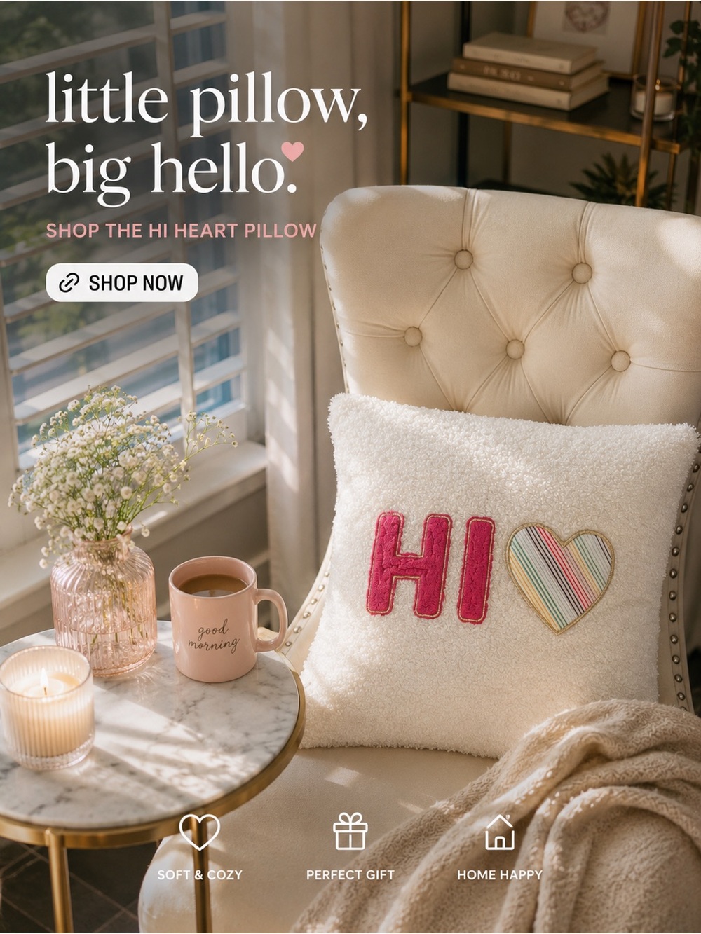 Cozy “HI” Accent Throw Pillow | Soft Plush Bouclé Decor